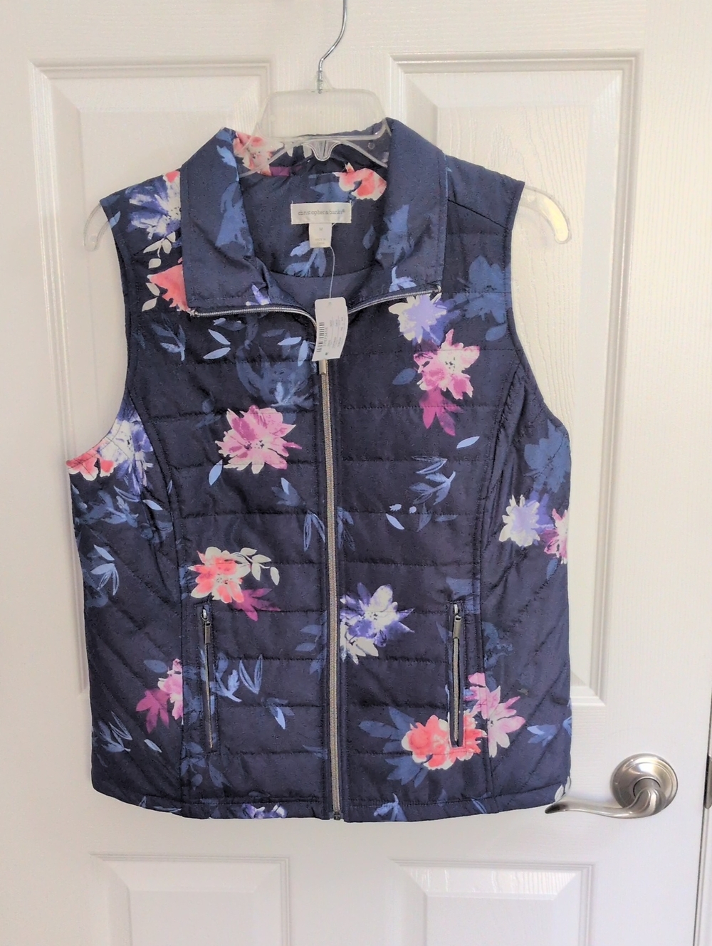 NWT Christopher & Banks Quilted Puffer Vest - Blue Floral - M